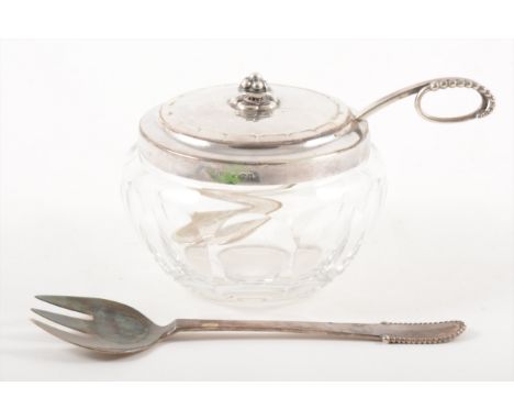 A sterling silver and glass body preserve pot and cover, Georg Jensen, import marks 1928, model 486, the silver cover with bu