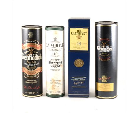 Four single malt Scotch Whiskies, including: GLENLIVET 18 year old, 1L, 43% vol, in carton; LAPHROAIG - 10 year old - 70cl, 4