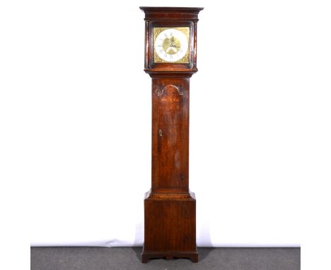 George III oak longcase clock by Smith of Newark, square brass dial, silvered chapter ring, date aperture, cast Rococo spandr