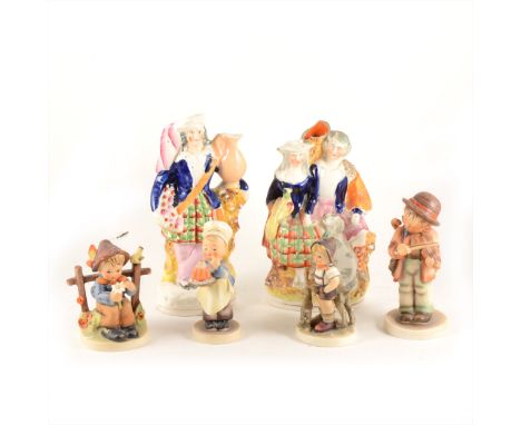 A small collection of nine Hummel figures, three Staffordshire flat-back figures, damaged.