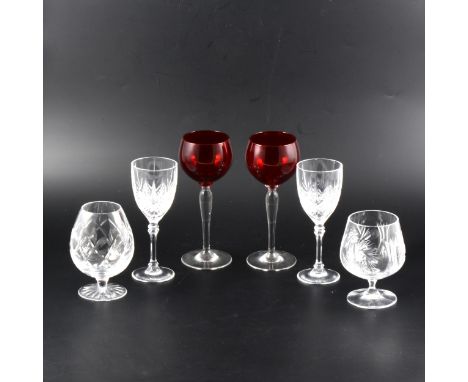 A collection of table glassware, including four Hock glasses with ruby bowls. (One box)