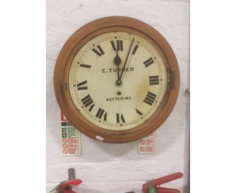 A pine wall clock, white enamelled dial, signed C. Turner, Kettering, spring-driven movement, case defective.