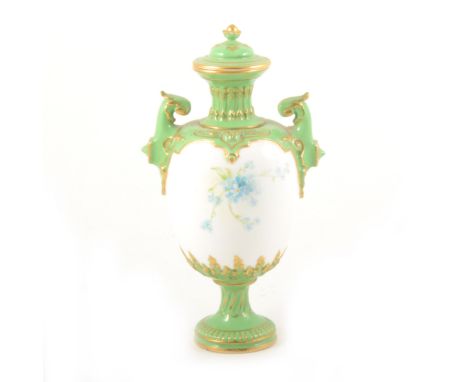 A Royal Worcester covered vase, green ground, floral decoration, No.1618, 20cm.