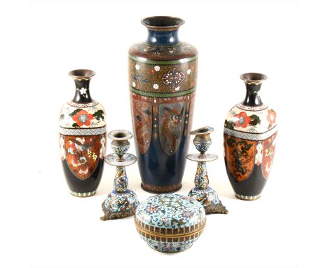 A Chinese cloisonné vase, of shouldered form, decorated with lappets against a powder blue ground, 35cm; a pair of cloisonné 