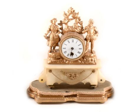 A French repainted spelter and onyx mantel clock, cylinder movement on a repainted gilt plinth, 36cm.