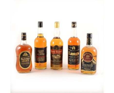 Five bottles of blended Scotch whisky, 1970s bottling, including: LANGS Fine Old Scotch Whisky; CLISH-MA-CLAVA, Angus Blender