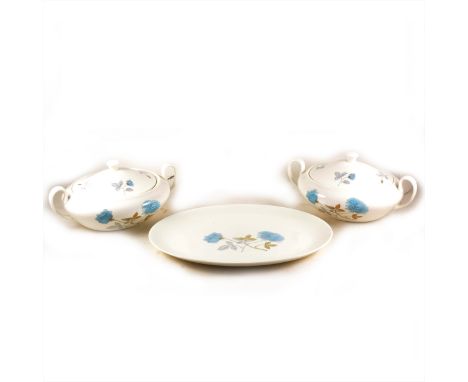 A Wedgwood bone china dinner and tea service, Ice Rose pattern, including a pair of oval tureens, width 28cm, sauce-boat on s