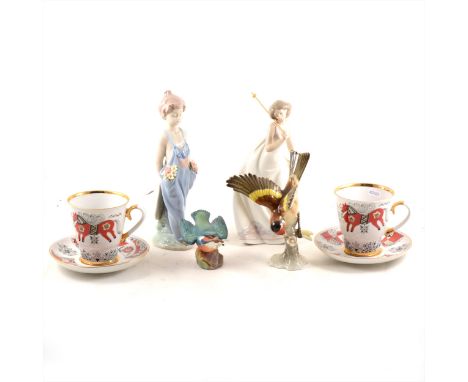 Two Soviet cups and saucers, two Lladro Collector's Society figures, Royal Worcester Kingfisher, and another bird model. (6)