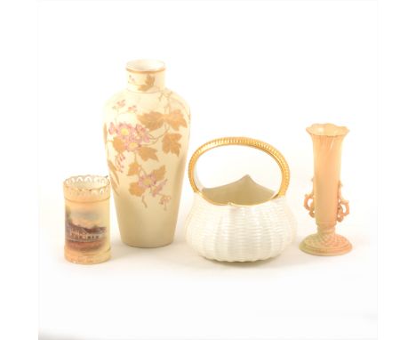 A Royal Worcester sweetmeat basket, 1882, gilt outline, 15cm; a Worcester spill vase, Shakespeare's Birthplace; another Royal