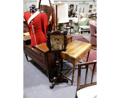 An oak pole screen, with barleytwist column, on three scroll legs, carved surround to embroidered panel, height 144cm.