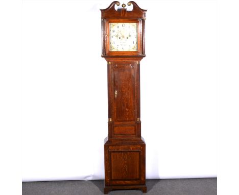 An oak and mahogany longcase clock by E Bell of Uttoxeter, square painted dial, subsidiary seconds dial and date aperture, fl