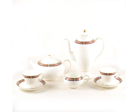 Wedgwood bone china part table service, Chippendale pattern, including teaware, coffee pot, dessert plates, etc.