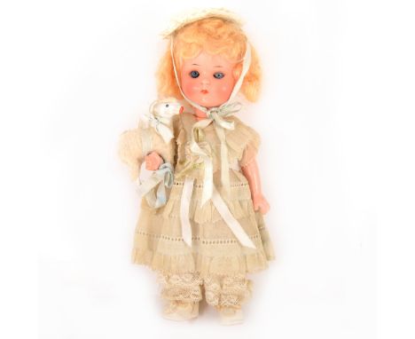 Armand Marseille Germany bisque head doll, stamped 310 10/0, with 'Little Bo Peep' outfit and lamp prop, 21cm tall, with slee