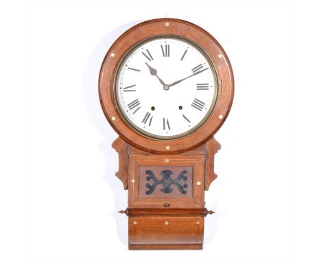 An American rosewood cased wall clock, white enamelled dial, spring-driven movement, trade label illegible, with losses, 71cm