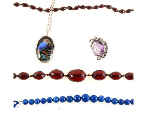 A collection of vintage jewellery, a string of graduated cherry amber coloured faceted beads, 100cm long, silver and marcasit