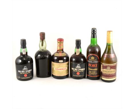Assorted port, brandy and liqueur, including: a bottle of Cusenier - label lost, moulded in the glass, mid-century bottling; 