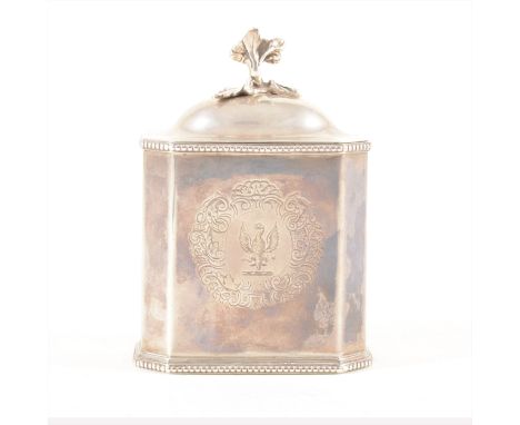 Queen Anne style oblong-shape caddy, marks cancelled, remarked London 2019, with canted corners, domed lid (unmarked) with ca
