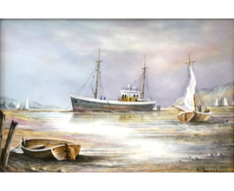 Small Worcester porcelain plaque, painted with fishing boats at low tide, signed M. Powell, 11cm x 16cm.