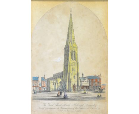 A Victorian hand-coloured lithograph, The Parish Church, Market Harborough, 35cm x 24cm; and a pair of bird's eye maple wood 