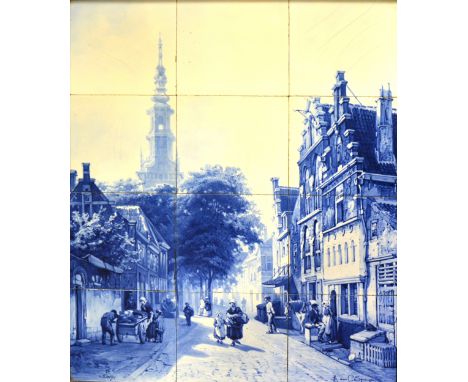 After Cornelius Springer, Street in Delft, twelve-tile picture in an oak frame, labelled verso, J A Tognacca &amp; F Cossa, A