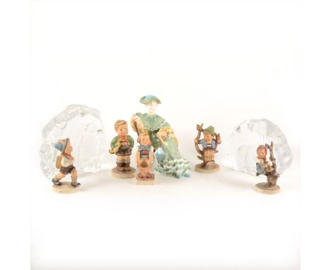 A Royal Doulton figure, Ascot HN2356, 16cm; five Hummel figures; two Swedish glass intaglios, and two Hummel year plates. (10
