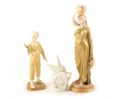 A Royal Worcester figure, of a Grecian water carrier, 1912, No.2/125, 25cm; another Worcester figure, Parakeet, modelled by F