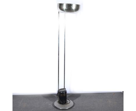 A Modernist-style chromed uplight, the dished light shade supported by two tubular supports on circular base, 190cm high.
