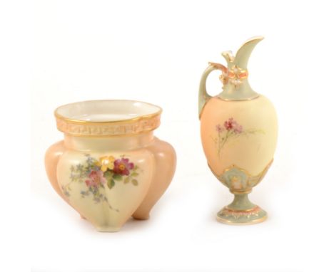 Royal Worcester miniature blush ivory ground ewer, painted with flowers, 13cm, and a similar small vase, (2).