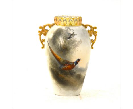 A Royal Worcester ovoid vase, 1905, painted with a pheasant by James Stinton, scrolled handles, pierced collar, No.707/G, 14c