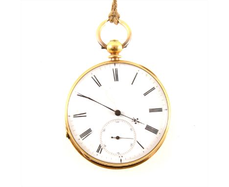 A yellow metal open face pocket watch, the 40mm white enamel dial having a roman numeral chapter ring and subsidiary seconds 