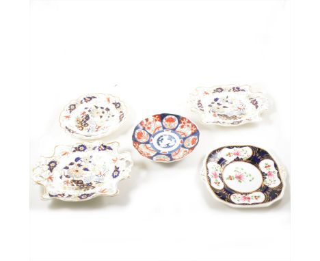 An Alcock bone china part dessert service, decorated with oriental flowers, comprising a pair of dishes and three plates, tog