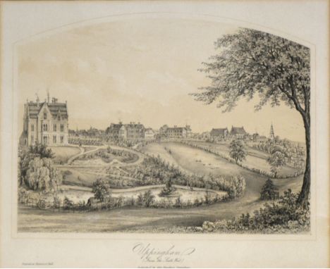 A Victorian lithograph, Uppingham from the South West, arched 24cm x 32cm.