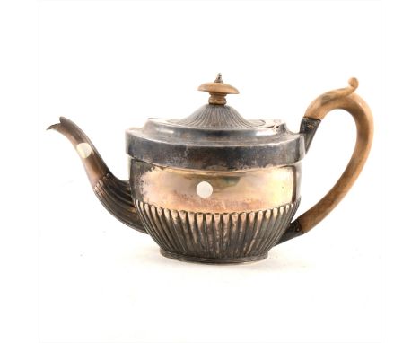 George III silver teapot, William Bennett, London 1801, oval semi-fluted form, wooden handle and finial, old repairs, 13ozs g