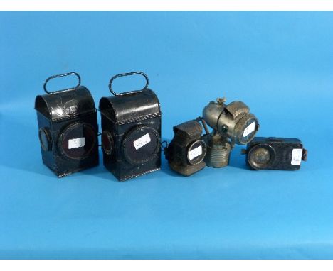 Railwayana; A pair of SNLW Ltd Hand Lamps, one with plate stamped 7-1944 together with a Warna bicycle oil lamp,  Pertrix No.