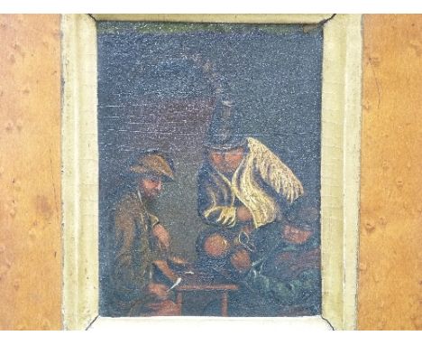 18th century Continental School, Three drinkers at a table inspecting an empty bottle, oil on panel, framed, 4¾in x 4in (12cm