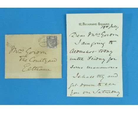 Horatio Herbert Kitchener; a hand written letter from Kitchener, 17 Belgrave Square, dated 19th July (1892): "Dear Mrs Gordon