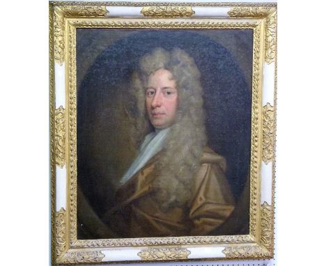 18th Century School, portrait of John Tucker Esquire 1713, oil on canvas, labels verso, 30in x 25½in (76.5cm x 63.5cm), withi