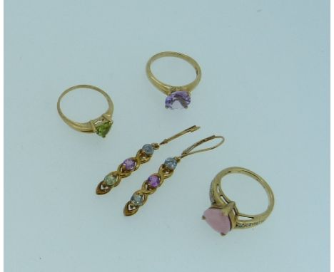 Three Gems TV 9ct yellow gold Rings, the fronts set with heart shaped pink stone with diamond point shoulders, pale facetted 