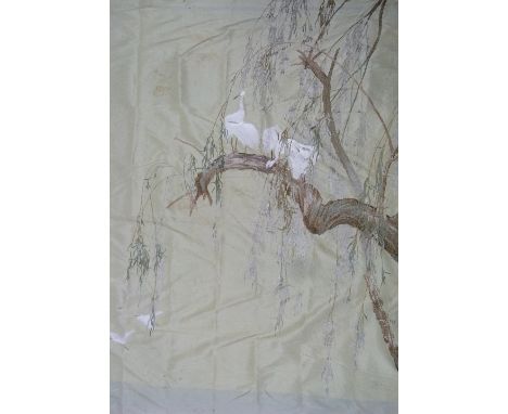 An early 20thC Chinese hand-embroidered silk Panel, long satin stitch thread-work in subtle browns, greens and creams on an e