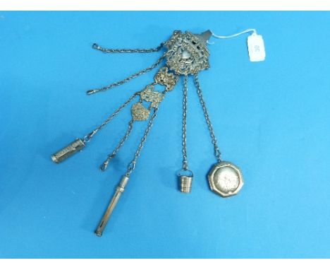 A Victorian silver Chatelaine, by George Unite, hallmarked Birmingham, 1894, formed of top central belt clip with pierced fro