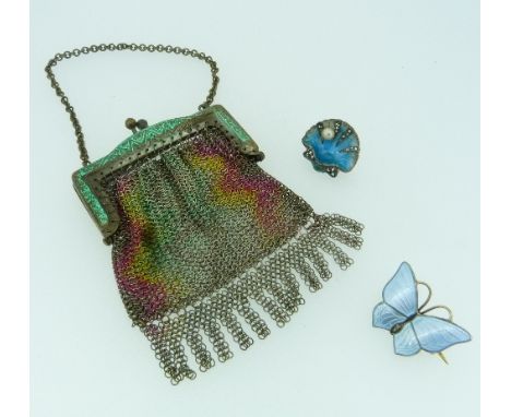 A silver, enamel and marcasite scallop shell Brooch, the front set with seed pearl, marked bon reverse sterling, together wit