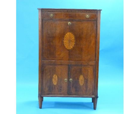 A 19thC English mahogany inlaid Bureau Abbatant,  with inlaid panels and kingwood and boxwood stringing, shaped top, single f