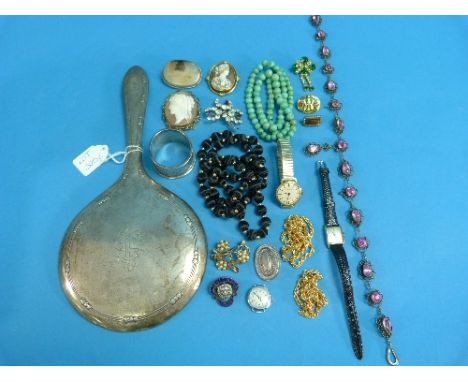 A small quantity of Costume Jewellery, including a silver mounted chalcedony brooch, a small Georgian Tiger's Eye and seed pe