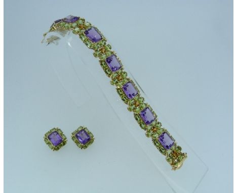 A Bracelet and matching Earrings, the bracelet formed of seven links, each centre with square facetted amethyst surrounded by