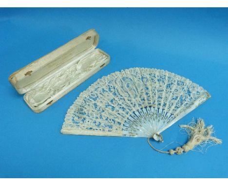 Four 19thC Brussels Lace Fans: the first with sixteen Mother-of-Pearl sticks and two guard sticks, intricately carved in ligh