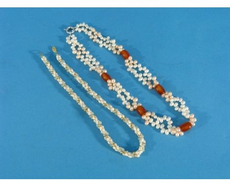 An attractive cultured pearl Necklace, set with white and pink pearls between five barrel shape large agate beads, together w