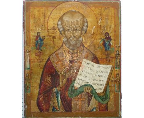 A 19th century Russian icon on panel, depicting St. Nicholas, 21?in x 14¼in (53.5cm x 36cm).
