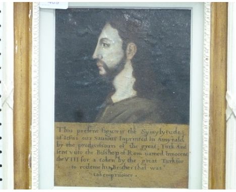 16th century English School, Head of Christ, inscribed extensively (see notes), oil on panel, 9¾in x 7¾in (24.75cm x 19.75cm)