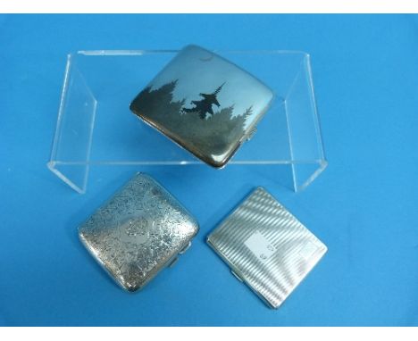 Three silver Cigarette Cases, including one Japanese, the front with depiction of a pagoda   within trees, one hallmarked Bir