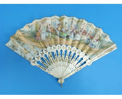 A 19thC French Fan, with sixteen Mother-of-Pearl sticks and two guard sticks, intricately carved in light relief and pierced 